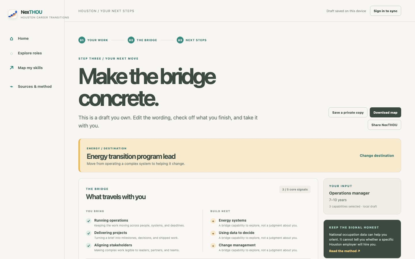 NexTHOU plan screen for an Energy transition program lead with a What travels with you bridge, Build next skills, five editable tasks, and official starting points.