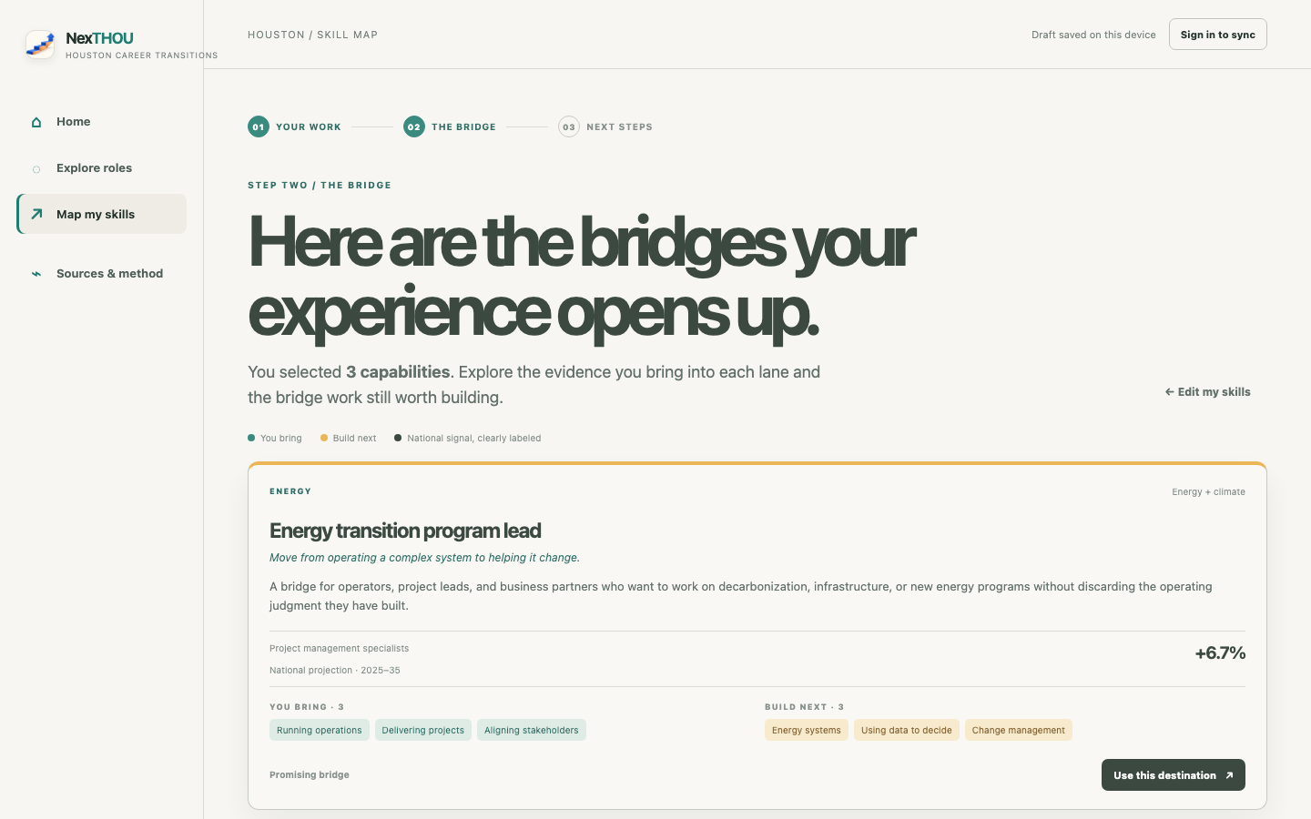 NexTHOU results screen showing curated role paths with You bring and Build next capability groups.